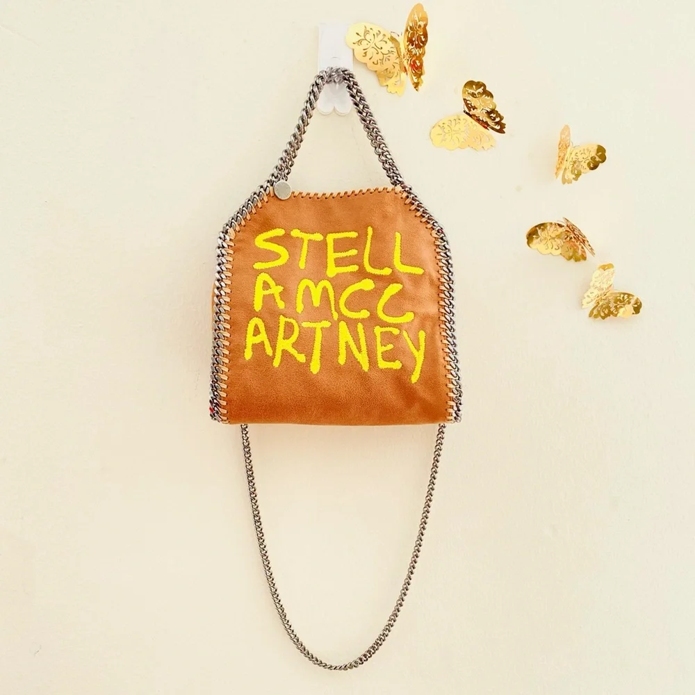 NWT: STELLA MCCARTNEY | Graffiti Yellow Embroidered Logo Falabella Brown 3 Mini - Picture 2 of 11
